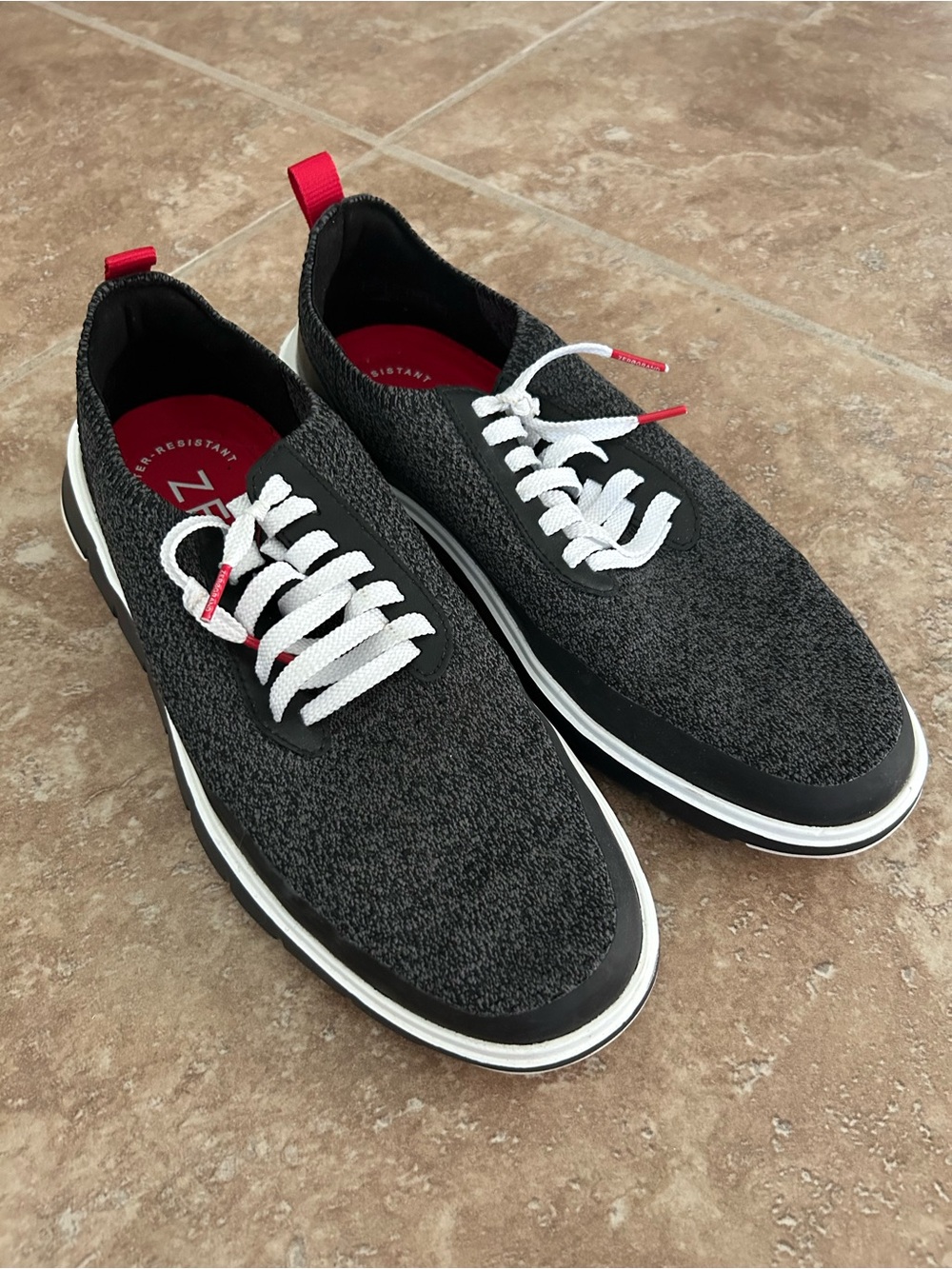 Men's Black Knit Lace-Up Sneakers with White Laces and Red Accents